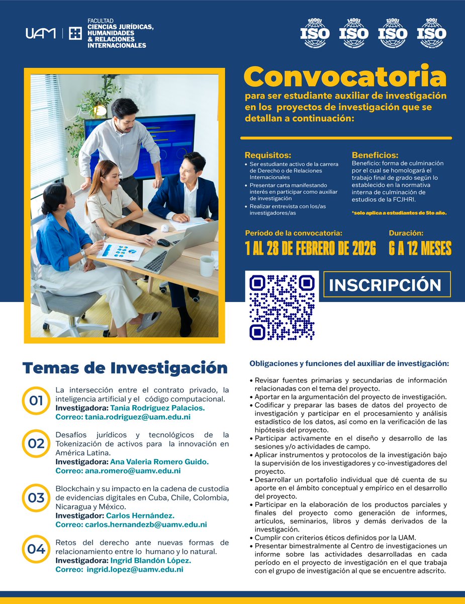 📢 La Universidad Americana, UAM, abre convocatoria para estudiantes auxiliares de investigación.

Una oportunidad para integrarse a proyectos académicos y fortalecer la formación profesional.

🗓 Del 1 al 28 de febrero de 2026
⏳ Duración: 6 a 12 meses

#UAM