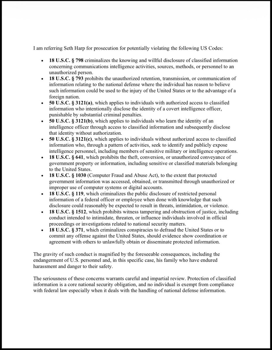 RepLuna's tweet image. I have referred Seth Harp to the DOJ for investigation and to pursue criminal charges regarding the intentional publication of information related to Operation Absolute Resolve, including the doxxing of a U.S. Delta Force operator. That conduct is not protected journalism. It was…