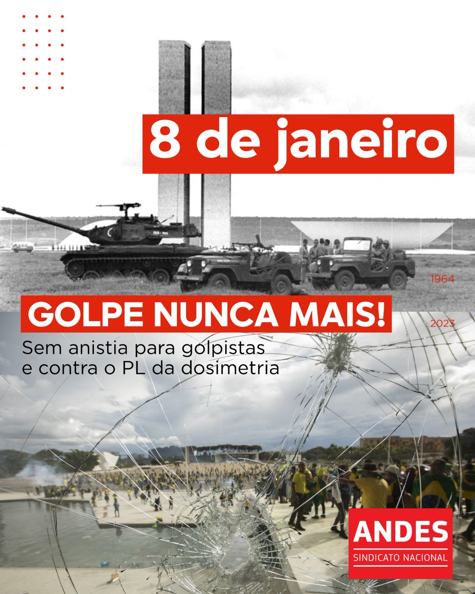 andessindicato's tweet photo. E hoje, 8 de janeiro de 2026, o ANDES Sindicato Nacional destaca essa passagem da nossa história recente, para que nos lembremos do passado, do horror das ditaduras enfrentadas pelo nosso país. 

8 de janeiro e 1964, nunca mais!

#ANDESSN https://t.co/BrdC1BEGyx