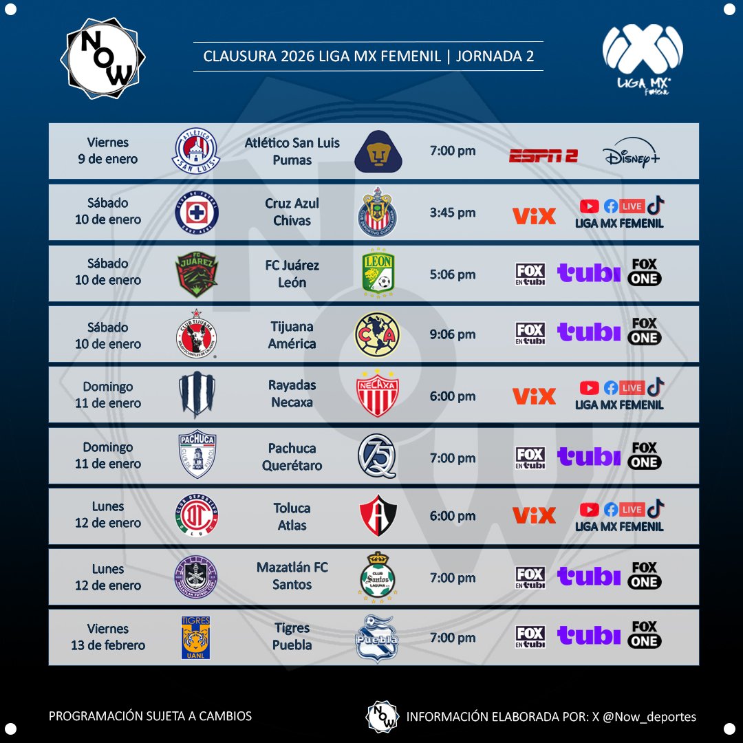 Now_deportes's tweet image. Horarios y transmisiones de la Liga MX Femenil | Jornada 2 🇲🇽

📅 Del 9 al 12 de enero
→ Transmisión por ViX, FOX One, Tubi, ESPN2 y Disney Plus.

🔃 RT y nos pueden seguir para más contenido