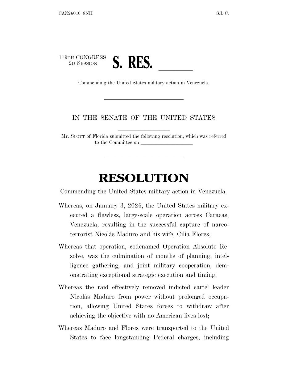 SenRickScott's tweet photo. Proud to lead a resolution honoring a new day of freedom for Venezuela after the Trump administration’s successful operation!  

A Latin America free of socialist and communist rule is in the best interest of the United States, and that’s why, for years, I have fought alongside the people of Venezuela to restore their God-given freedom and liberty. It’s incredible to see the community come together with such gracious excitement for the future of their nation. Thank you, @POTUS, @SecRubio, and @SecWar, for fighting for the Venezuelan people.