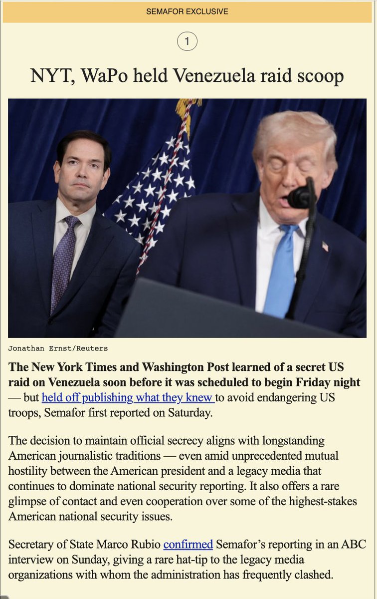 Can't help but wonder how long this wide-ranging interview has been scheduled, and if it had anything to do with the NYT agreeing to hold off on reporting the Venezuela raid (per <a href="/semafor/">Semafor</a>, <a href="/maxwelltani/">Max Tani</a>)
