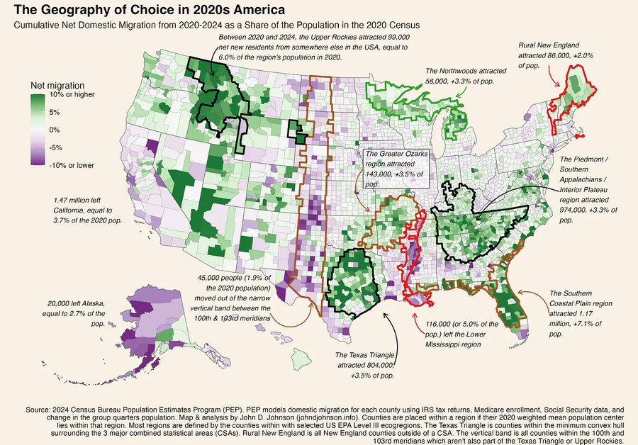 2024dion's tweet photo. Another reason for my prediction that Fayetteville/Bentonville will become the next significant American boomtown is that it's the anchor and largest city of the Ozarks, which is quietly soaking up the corn belt's population (&amp; will eventually pull from the Texas triangle, too) https://t.co/xacZpPPGKh