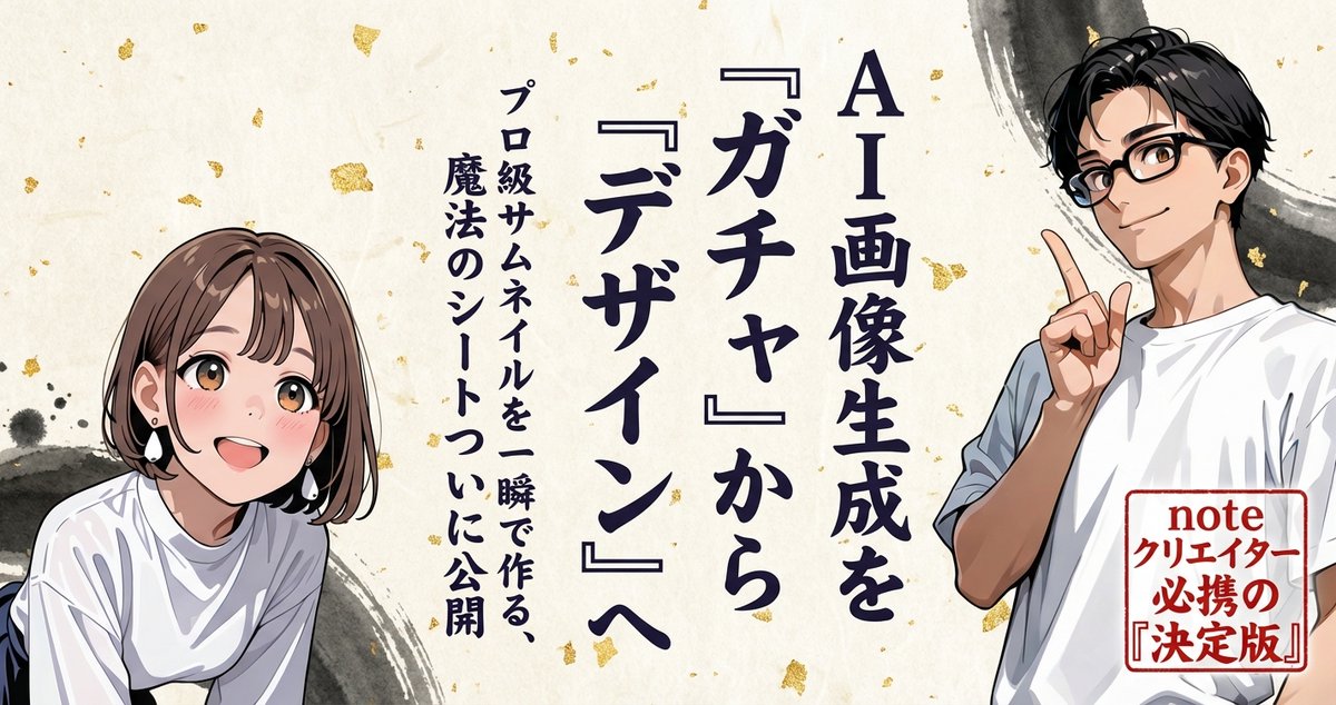 AI画像生成は『ガチャ』から『デザイン』へ。
1月11日23:59まで【完全無料】。 その後、noteにて2,980円で有料販売します。
正直、これさえあれば「デザイン知識ゼロ」でもプロ級のサムネが完成します。AIを最強のデザイナーに進化させる魔法のシートを開発しました。
何が凄いのか、解説します。