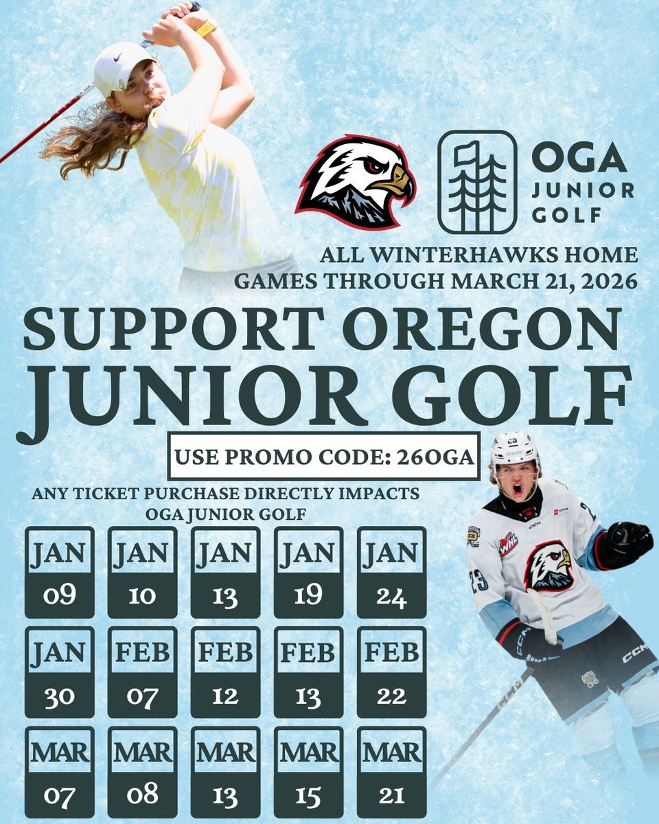 OregonGA's tweet image. Watch elite hockey. Enjoy a fun family night. Support the future of golf in Oregon.
From Jan. 9–March 21, purchase Portland Winterhawks home game tickets and a portion of your ticket supports Oregon Junior Golf.
Be sure to use promo code 26OGA at checkout!