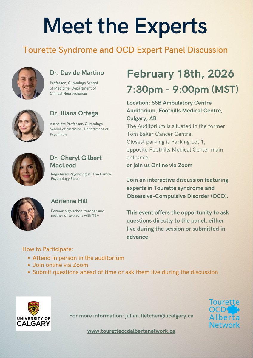 ts_ocd's tweet photo. Join our Meet the Experts event in-person or online.
Put your questions to the experts.
February 18th, 2026, 7:30pm - 9:00pm (MST)

Sign up: https://t.co/P6am8aY6GA

#Tourettesyndrome #obsessivecompulsivediosrder #TS #OCD https://t.co/QUBkN4UmUc