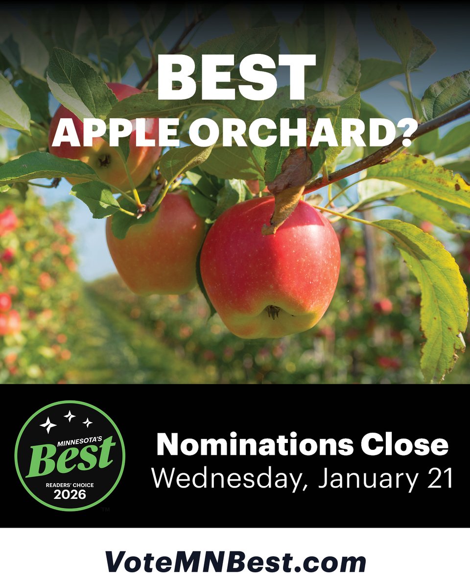 VotedMNBest's tweet photo. Apple orchards are a seasonal tradition with fresh harvests and family friendly experiences. Nominate your favorite Apple Orchard for Minnesota's Best at https://t.co/Gw0zn9J8af. Nominations remain open through 5 PM on January 21. #MNBest #appleorchard https://t.co/NKQowZ4VG6