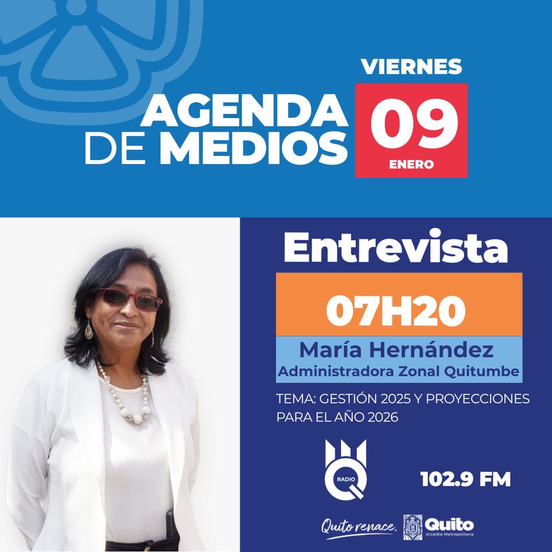🎙️📻 #EnMedios | Este viernes 09 de enero, la Lic. María Hernández, administradora Zonal Quitumbe, estará en <a href="/MQRadiofm/">MQ Radio Fm</a> 102.9 FM, desde las 07h20.
Compartirá los logros de la gestión en Quitumbe 2025 y las proyecciones para el 2026. 

✨ #QuitoRenace
🚀#QuitoNoSeDetiene