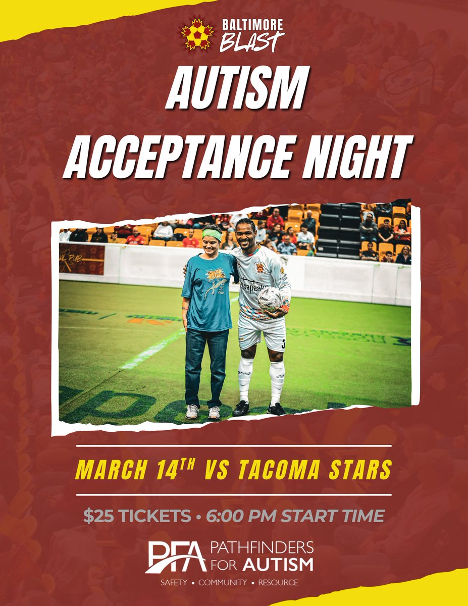 BaltimoreBlast's tweet photo. Autism Acceptance Night with the Baltimore Blast! π
Join us March 14th vs Tacoma Stars as we celebrate inclusion and community with Pathfinders for Autism. ποΈ $25 tickets | β° 6:00 PM start
To Support Pathfinders: https://t.co/yG6BTzUS5Q
#LetsGoBlast #PathfindersForAutism https://t.co/BMa8YLPOa9