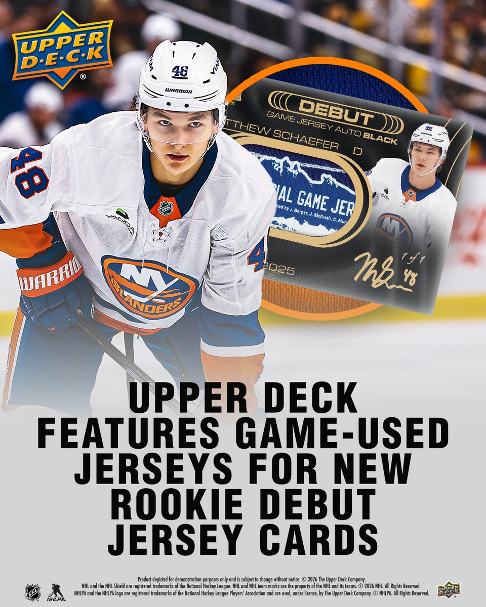 UpperDeckSports's tweet image. Upper Deck is excited to introduce NHL Rookie Debut Jersey Cards, 30 years after pioneering the first-ever game-used jersey trading cards. Upper Deck, the NHL and NHLPA together collect full jerseys worn by top rookies in their debut NHL games, which will be featured across three