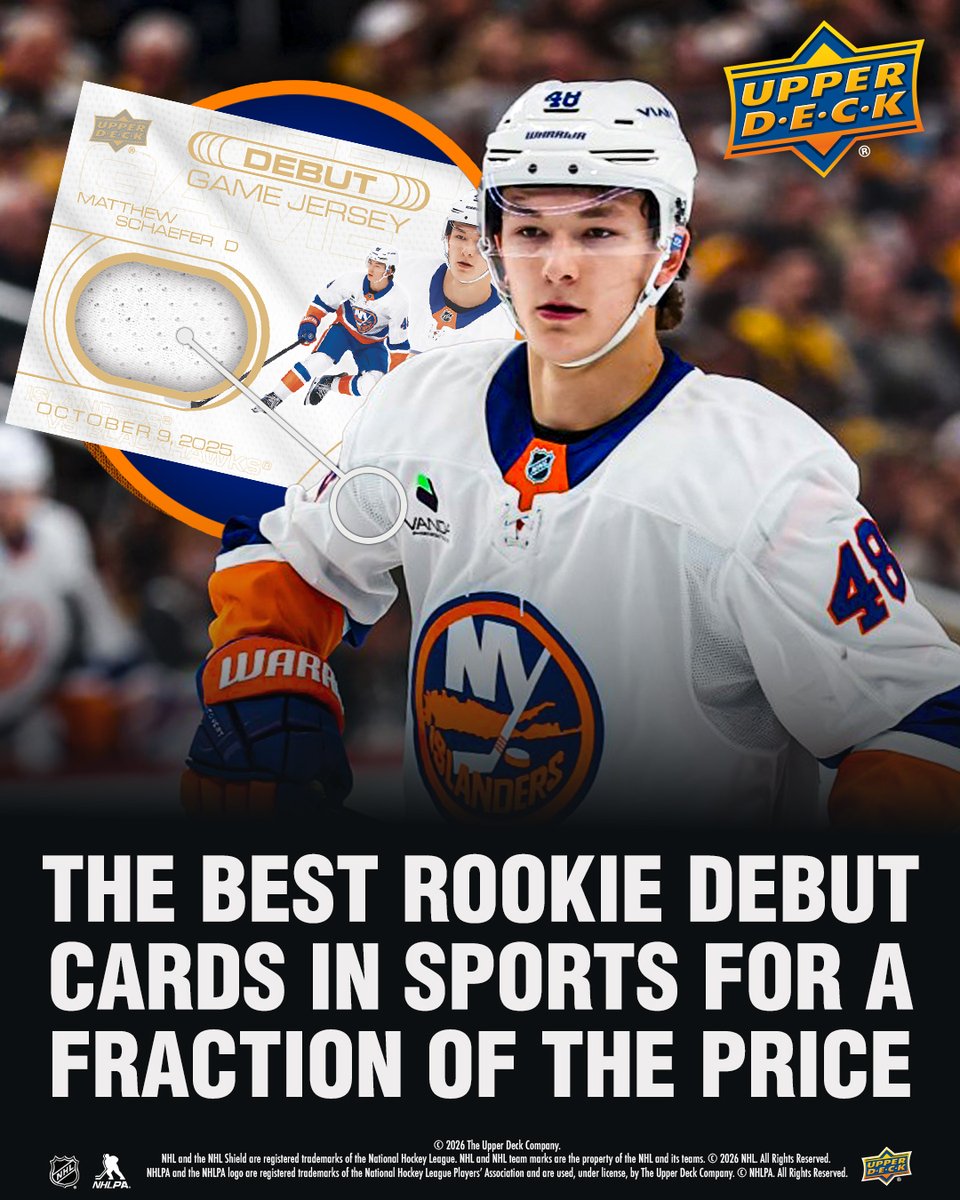 UpperDeckSports's tweet image. Upper Deck is excited to introduce NHL Rookie Debut Jersey Cards, 30 years after pioneering the first-ever game-used jersey trading cards. Upper Deck, the NHL and NHLPA together collect full jerseys worn by top rookies in their debut NHL games, which will be featured across three