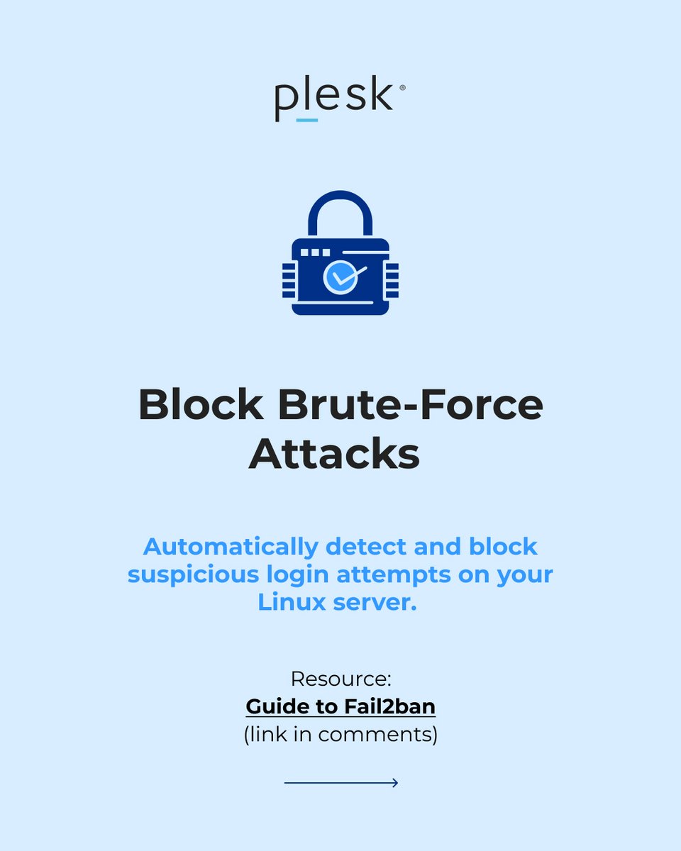 Plesk's tweet image. Discover how to protect your server with Fail2Ban, AI-powered malware defense, and automated threat response in our carousel. 

Detailed resources - to help upgrade your security setup: b.link/xx06a7qp 

Strengthen your security &amp;amp; reliability with Plesk