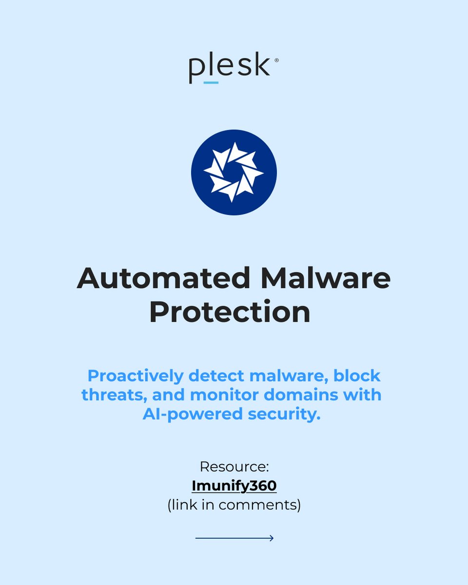 Plesk's tweet image. Discover how to protect your server with Fail2Ban, AI-powered malware defense, and automated threat response in our carousel. 

Detailed resources - to help upgrade your security setup: b.link/xx06a7qp 

Strengthen your security &amp;amp; reliability with Plesk