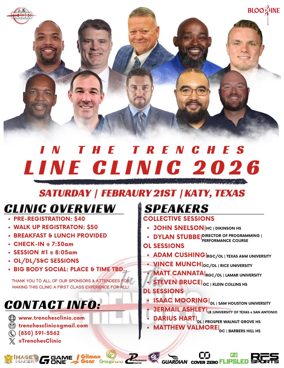 TrenchesClinic's tweet image. 🚨’26 Trenches Clinic Speakers🚨

Register Now: trenchesclinic.com

@DickinsonFB @CoachCushing @_CoachMunch @Coach_Cannata @coachbruce93 @CoachMooring @CoachAshDL @Coach_DHart @MattValmore90 @dylanstubbedoo 

@THSCAcoaches @Matt_Stepp817 @dctf @WeAreAFCA