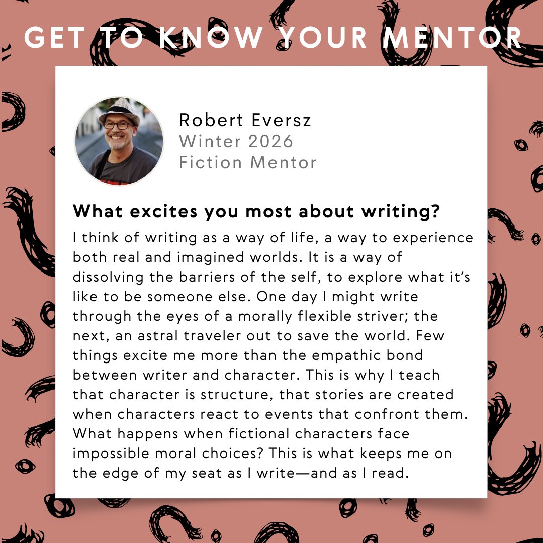 PocketMFA's tweet photo. What excites poetry mentor Robert Eversz most about writing, and what’s his most recent standout book? Find out here!

Learn more about Robert and the other 2026 Winter mentors: https://t.co/SANTxv7jgE https://t.co/QxGig7sLJ0