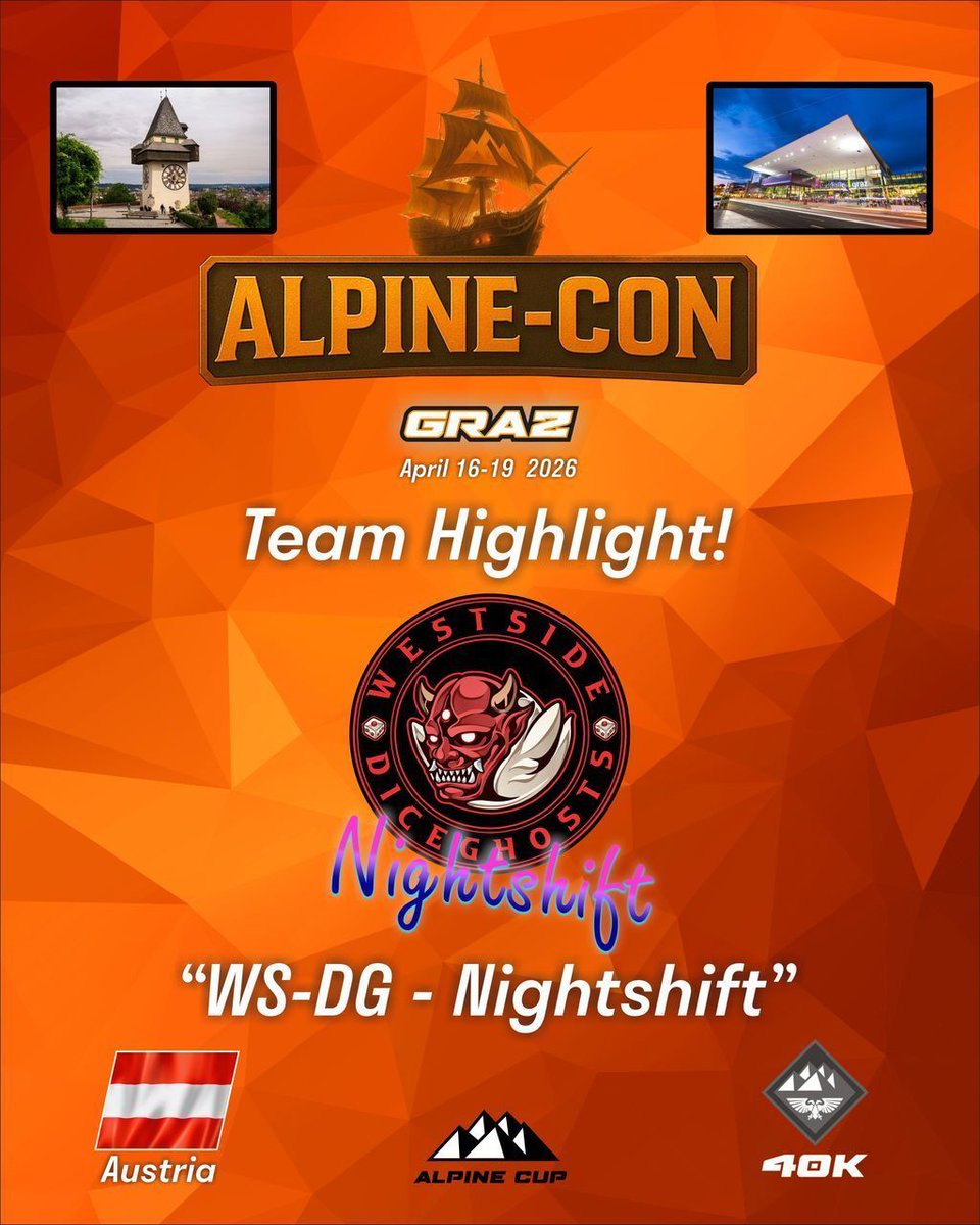 TheAlpineCup's tweet image. Big News from the Westside Diceghosts! 

They are from Vorarlberg, Austria, are officially heading to ALPINE-CON with their Nightsfhift team, the epic tabletop flagship event by The Alpine Cup!

Ready to haunt the tables with intense Warhammer 40Kbattles at Messe Graz.