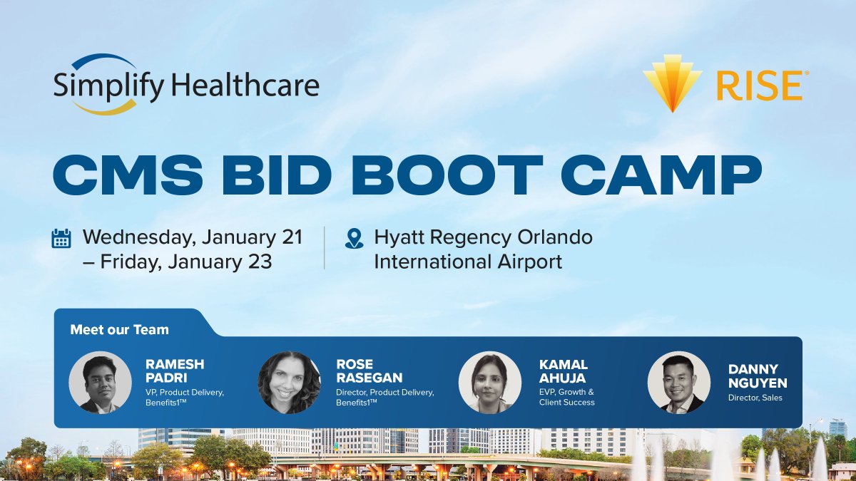 Meet us at the RISE CMS Bid Boot Camp (Jan 21–23). Our team will discuss strategies that streamline Medicare Advantage bid configuration and help reduce compliance risk with Benefits1™.Medicare.  

Learn more: bit.ly/4pmf5dP 

#SimplifyHealthcare #CMSBid2026