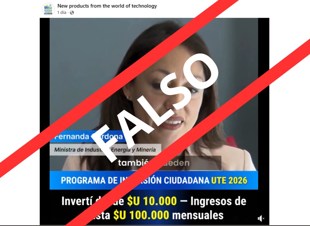 ‼️´Alerta sobre publicación falsa con la imagen manipulada de la ministra <a href="/FcardonaUy/">Fernanda Cardona</a> para estafa en línea.

🚨 En un video que manipula su imagen a través de IA, se busca estafar a la ciudadanía haciéndole creer que puede invertir en un programa inexistente de <a href="/utecomunicacion/">UTE</a>.