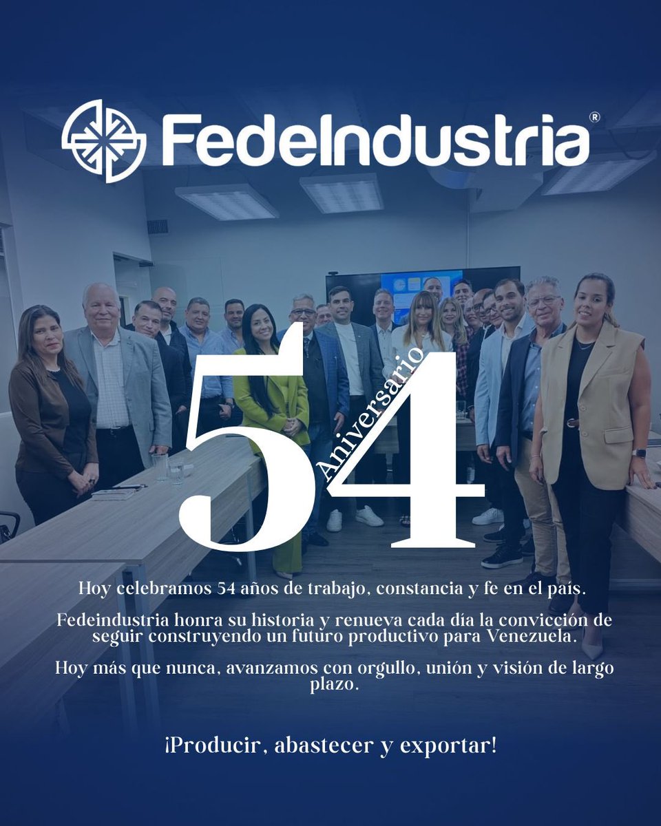 54 años caminando junto a la industria nacional, creyendo en el talento venezolano y en la fuerza de un país que nunca deja de producir.

Hoy celebramos una trayectoria construida con visión, compromiso y la convicción de que el futuro se impulsa trabajando unidos.