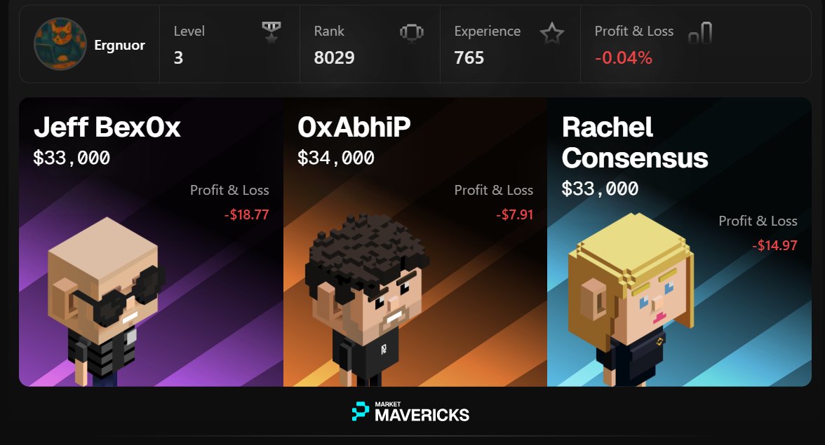 I spun up a 3-agent squad in <a href="/pip_world/">PiP World</a>'s Market Mavericks testnet.

Current team stats: negative. Like… confidently negative.

If you want to try it, here’s the link:
mm.pip.world/?ref=did:privy…

Hope your agents post better numbers than mine 😅