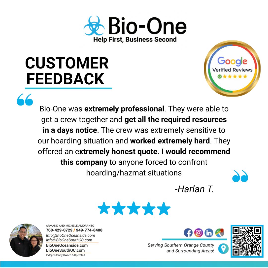 BioOneSouthOC's tweet image. 🌿 Professional. Compassionate. Reliable. 🌿

Thank you for trusting Bio-One during a difficult time.

📞 Southern Orange County – 949-774-8408
📞 North San Diego County – 760-429-0729

#BioOne #CompassionateCare #HoardingCleanup #HazmatCleanup #TrustedProfessionals #HereToHelp