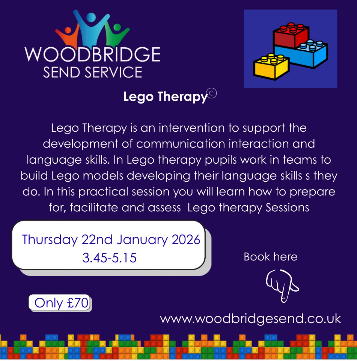 WoodbridgeSEND's tweet photo. LEGO® Therapy 🧱
Building social communication, problem-solving &amp; teamwork skills.

📅 Thu 22 Jan
⏰ 3:45–5:15pm

📞 Contact us to book or discuss how it could work in your setting.

#LEGOtherapy #SENCO #SLCN @WoodbridgeTrust https://t.co/spiNCKoeM9