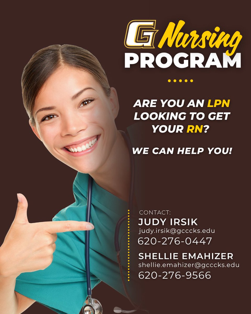GCCCBroncbuster's tweet photo. LPNs: Take the next step! 💉 GCCC’s Nursing Program helps you transition to RN with ease—building on the skills you already have.

📞 Contact Judy Irsik: 620-276-0447 | judy.irsik@gcccks.edu

#NursingProgram #CommunityCollege #AffordableCollege https://t.co/2NeXnWjXuI