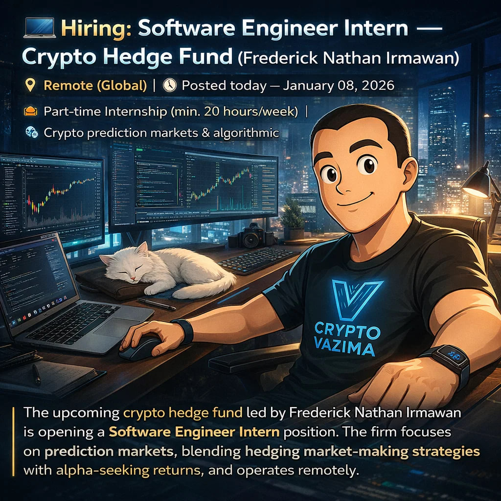 💻 Hiring: Software Engineer Intern — Crypto Hedge Fund 📍 Remote (Global)  | 💼 Part-time Internship (min. 20h/week) | 🧑‍💻 Crypto prediction markets  The crypto hedge fund founded by Frederick Nathan Irmawan