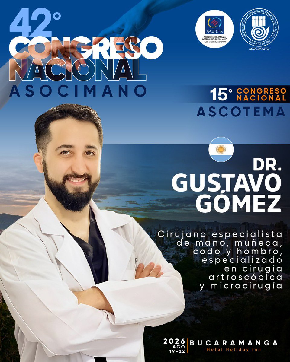 Seguimos presentando a los conferencistas que harán parte del 42° Congreso Nacional ASOCIMANO.

Nos acompañará el Dr. Gustavo Gómez 🇦🇷, cirujano especialista de mano, muñeca, codo y hombro, con amplia experiencia en cirugía artroscópica y microcirugía.