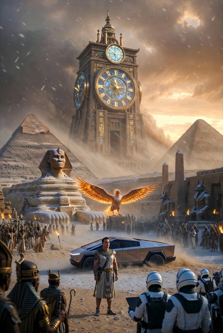 time_machine10's tweet image. A modern tech visionary arrives in ancient Egypt via his Cybertruck time machine, standing confidently before the Sphinx and a towering clock tower as a fiery phoenix soars overhead.