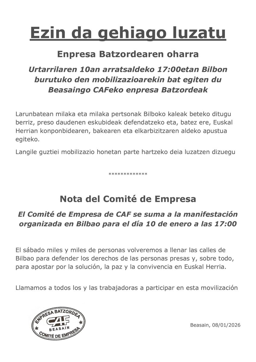 labcaf's tweet image. #CAF-eko Komiteak bat egiten du @sare_herritarra-k urtarrilaren 10an Bilbon deitu duen manifestazioarekin eta langile guztiei dei egiten die bertan partu dezaten.

URTARRILAREN 10ean DENOK BILBORA!

#EzinDaGehiagoLuzatu 
#Konponbidea
#Bakea
#Elkarbizitza 
#Urt10Bilbora