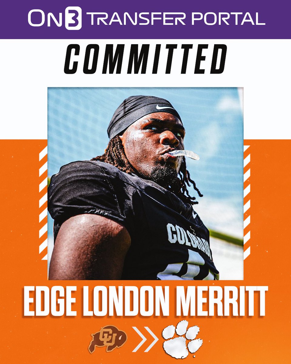 TransferPortal's tweet image. BREAKING: Colorado transfer EDGE London Merritt has committed to Clemson, @Hayesfawcett3 reports🦬

on3.com/transfer-porta…