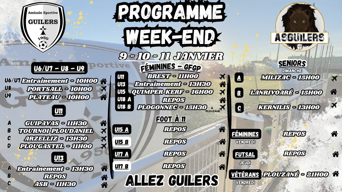 AS_Guilers's tweet image. ℙℝ𝕆𝔾ℝ𝔸𝕄𝕄𝔼 𝔻𝕌 𝕎𝔼𝔼𝕂-𝔼ℕ𝔻

Bon match à toutes et à tous, et bonne année footballistique ! 🤩

ALLEZ GUILERS ⚫️⚪️