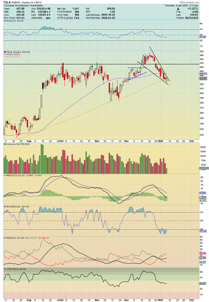 TSLA 일봉 차트에서 하락 쐐기형 패턴이 형성되고 있습니다. 여기서 446, 452까지 반전 추세가 나타날 가능성이 있습니다.