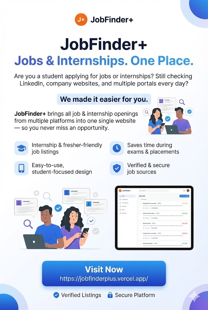 BollapallyKumar's tweet photo. Tired of jumping between LinkedIn, company sites &amp; portals for jobs/internships? 😩  

JobFinder+ brings EVERYTHING into ONE easy, verified platform! Fresher-friendly, time-saving &amp; secure. 🎓💼  

Visit now: https://t.co/I9mx9Z1jJj  

#JobFinderPlus #FresherJobs #Internships https://t.co/smAbmx8t8N