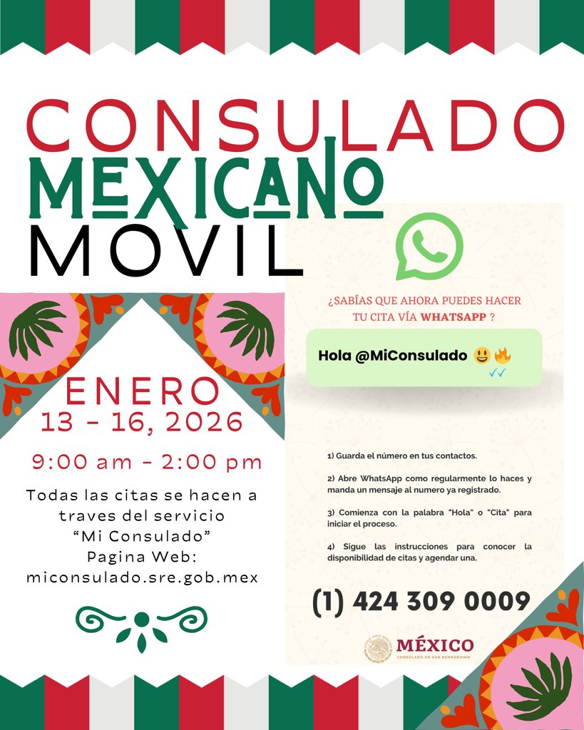 HUSDFamilyRC's tweet photo. Mexican Consulate will be offering their services January 13 -16, 2026, from 9:00 am - 2:00 pm at the Family Resource Center - 16527 Lemon Street, Hesperia, CA 92345 https://t.co/4RUG2V3baz