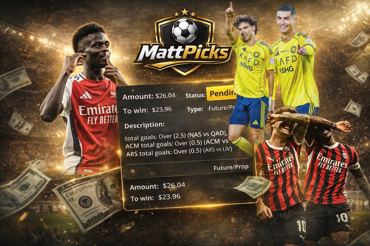 $10 to $10,000 Day 2 🪜

$26.04 ➡️ $50.00
🇸🇦 Al Nassr vs Qadisiya Over 2.5 Goals
🏴󠁧󠁢󠁥󠁮󠁧󠁿 Arsenal Over 0.5 Goals
🇮🇹 AC Milan Over 0.5 Goals

Who’s climbing with me? 👀⬆️