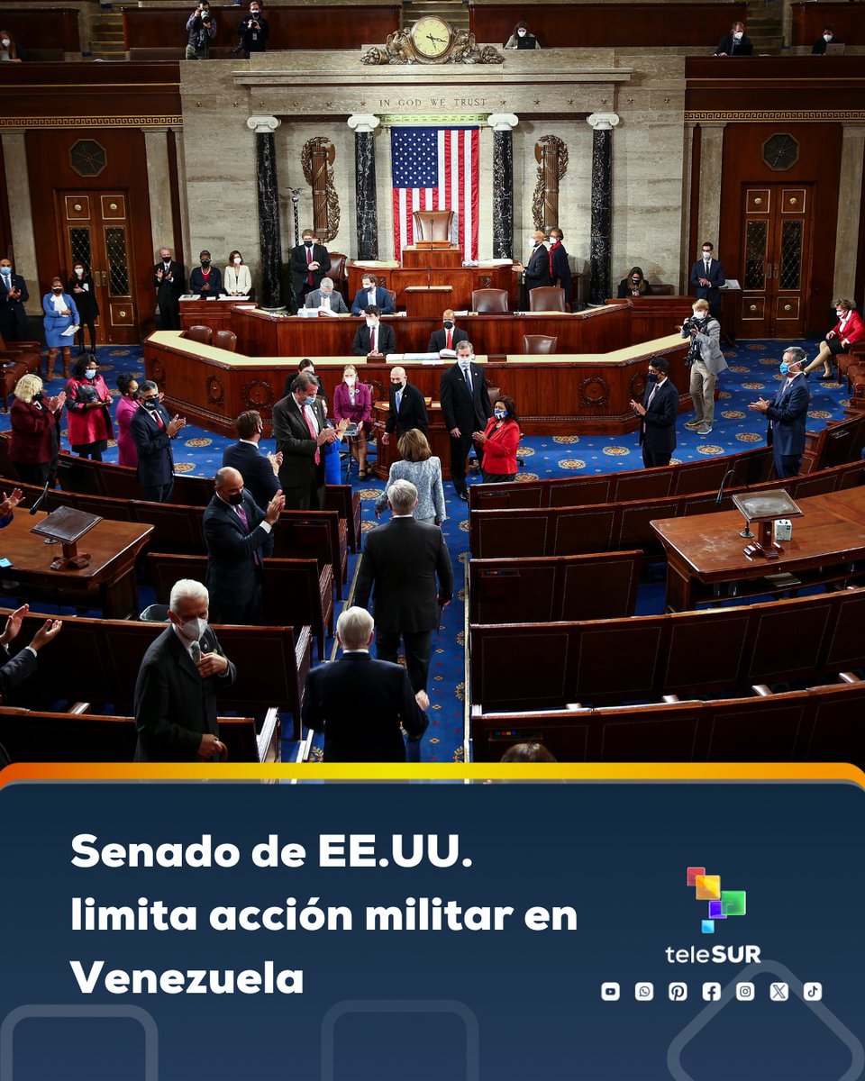 📌 Senado de EEUU limita acción militar en Venezuela

🔴 Con 52 votos a favor y 47 en contra, el Senado de EE.UU. aprobó una resolución que restringe al presidente Donald Trump de ejecutar acciones militares adicionales en Venezuela sin la autorización del Congreso.

🔴 La medida