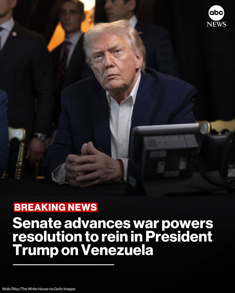ABC's tweet photo. NEW: The Senate has advanced a war powers resolution, which would block the president's use of the U.S. armed forces to engage in hostilities within or against Venezuela unless authorized by Congress.
 
Read more: https://t.co/J9yXn8WLwl https://t.co/qolRRaZGlZ