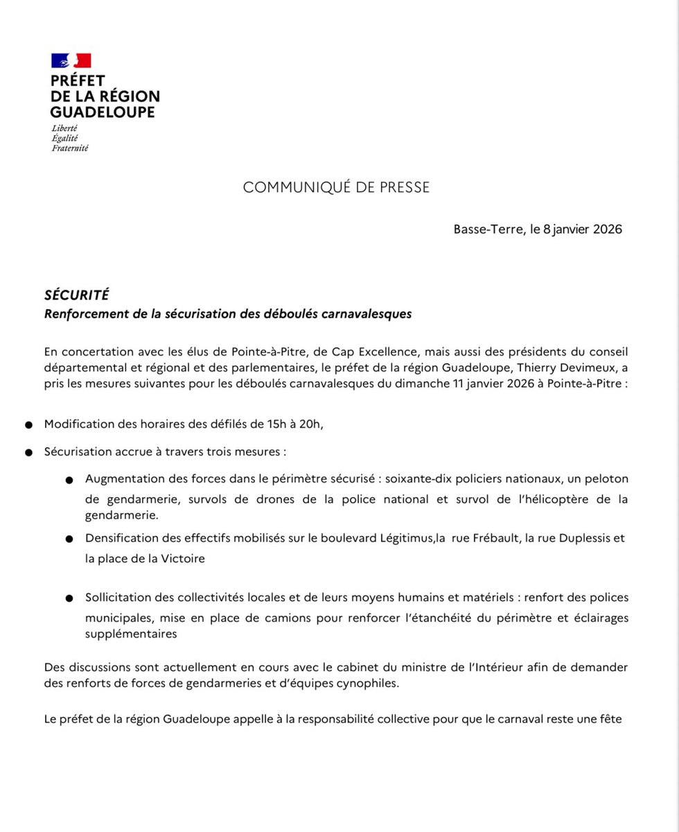Prefet971's tweet image. #Communiqué | Renforcement de la sécurisation des déboulés carnavalesques.