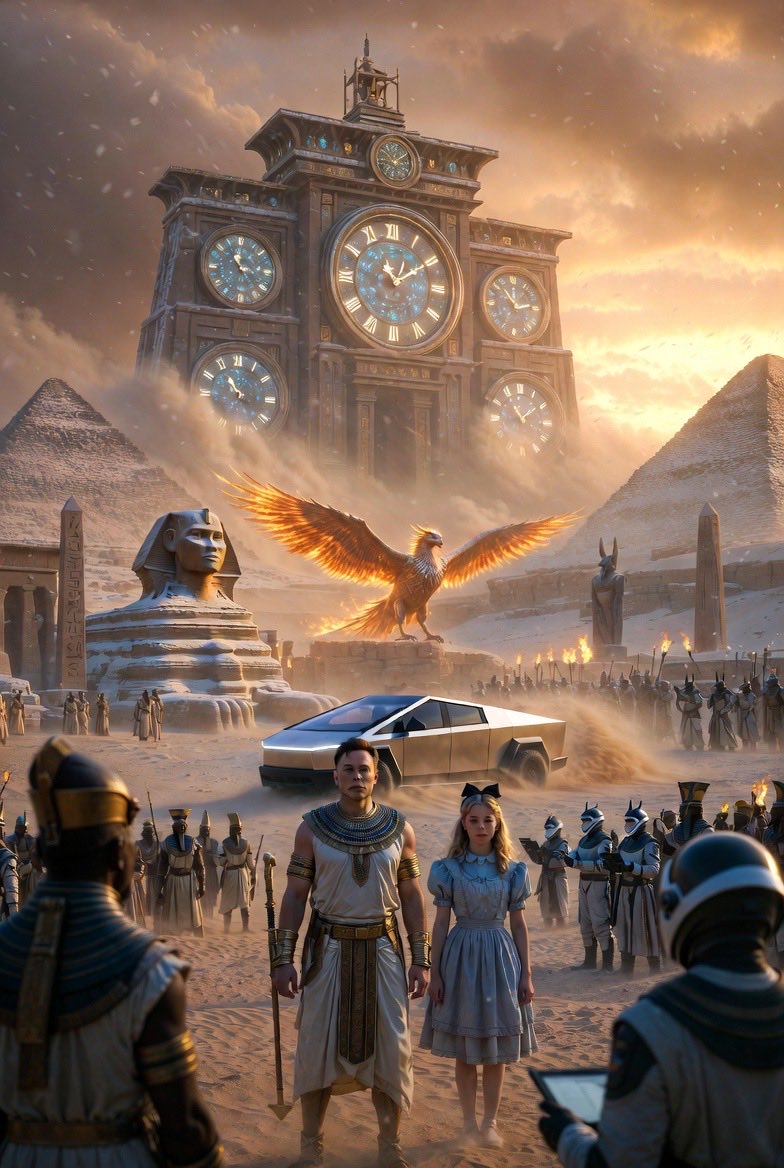 time_machine10's tweet image. A time-traveling pharaoh figure and a curious Alice girl stand together in the Egyptian desert after arriving in a Cybertruck, with a colossal clock tower and flaming phoenix dominating the scene.