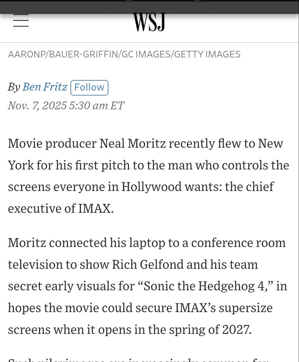 therealcineor's tweet image. 🚨SONIC 4 NEWS 

The Sonic Movie producer Neal Mortiz flew to New York back in November to pitch the chief executive of IMAX and showed “secret early visuals” for #SonicMovie4 in hopes for the movie potentially could secure IMAX’s supersize screen for a Spring 2027 release! 👀