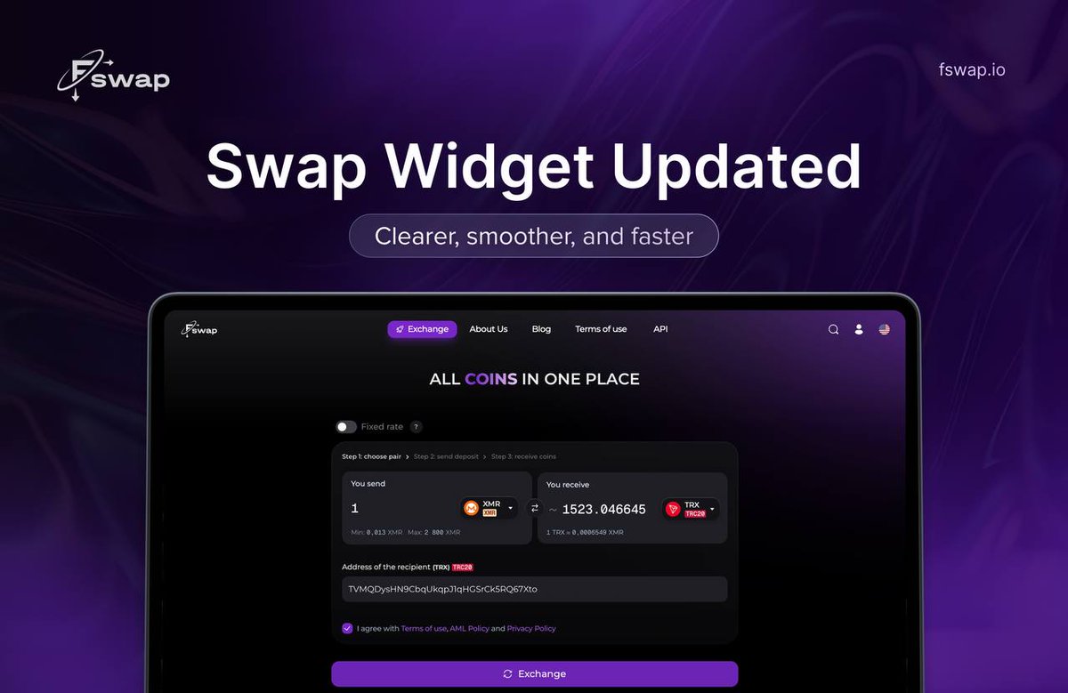 🚀 Swap widget updated on Fswap

We’ve improved our swap widget to make the exchange process even more intuitive and user-friendly.

Everything is now clearer, smoother, and faster.

The update is already live on our website — check it out and try it yourself! ⚡️

Website -