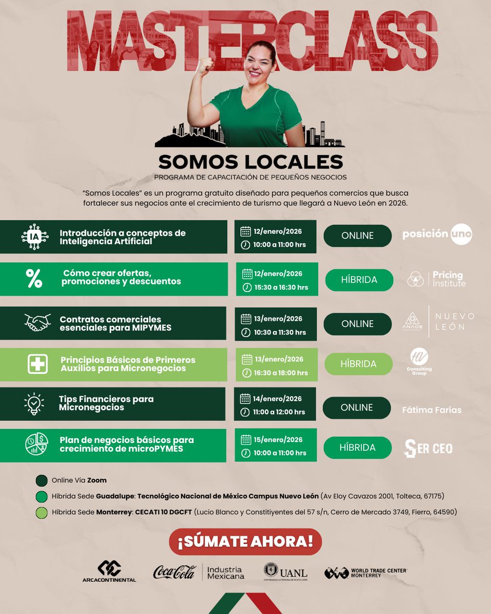 Tu pyme también juega este Mundial⚽️

En colaboración con Arca Continental, llega #SomosLocales, un programa gratuito de capacitación para pequeños negocios.

📚 Calendario del 12 al 15 de enero.
🖥 Modalidad online e híbrida

🔎 ¡Registrate aqui!
linktr.ee/somoslocales20…