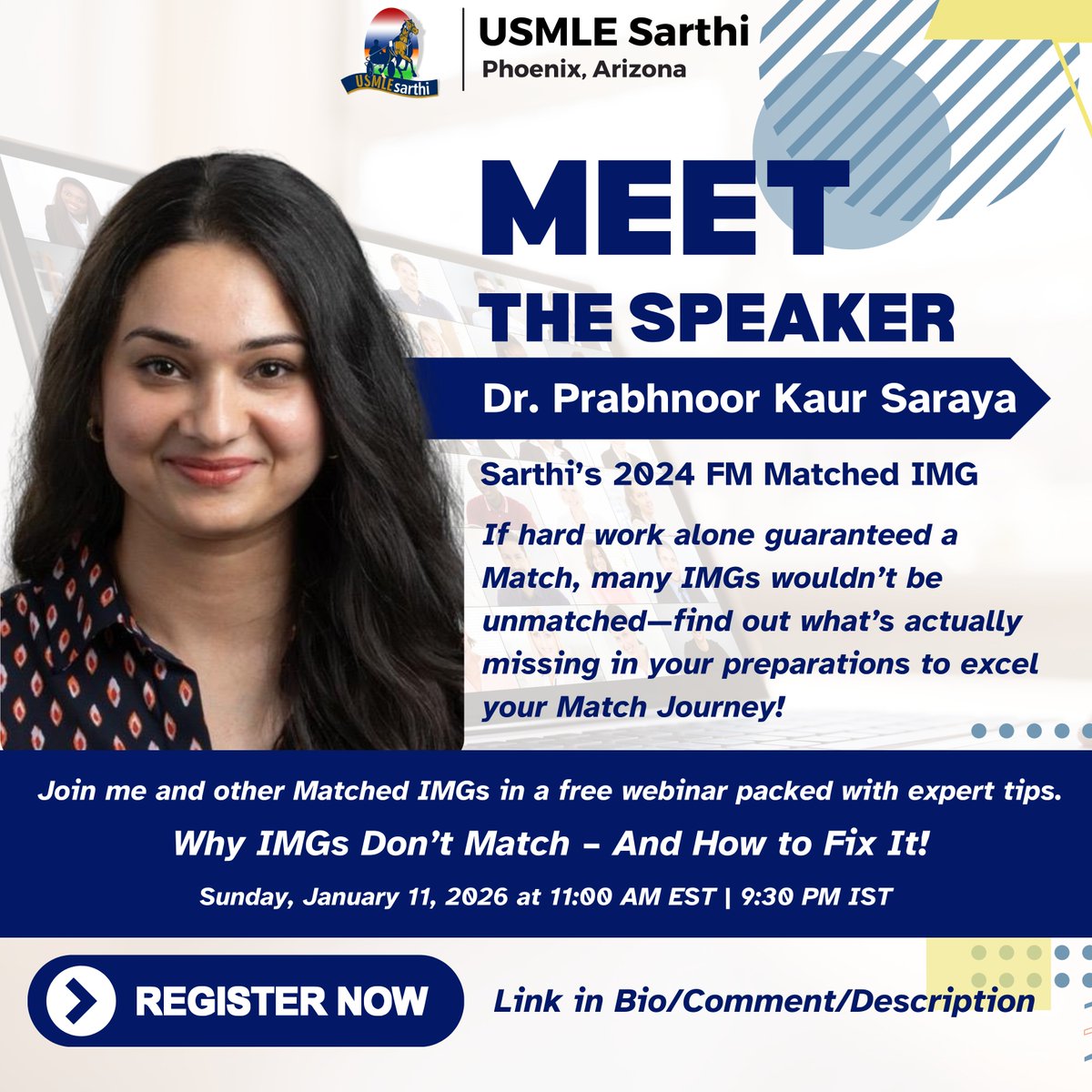 Hard work matters — but strategy matters more.

Meet Dr. Prabhnoor Kaur Saraya, Sarthi’s 2024 FM Matched IMG, sharing real reasons IMGs don’t match and how to fix them.

📅 Free Webinar | Jan 11, 2026
⏰ 11 AM EST | 9:30 PM IST

👉 Register now – us06web.zoom.us/webinar/regist…
