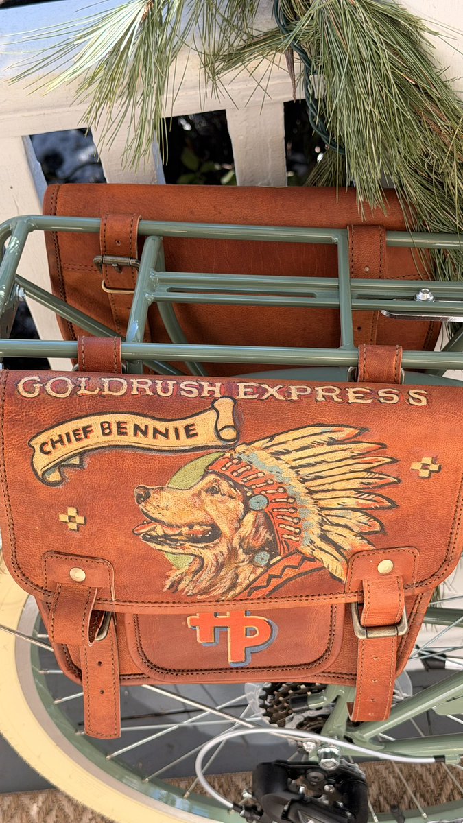 KJP's tweet image. A friend painted custom saddle bags for my kid’s bike.  Perfect built for rocks, treasures, snacks, frogs, candy, a cap gun, and God only knows what else.