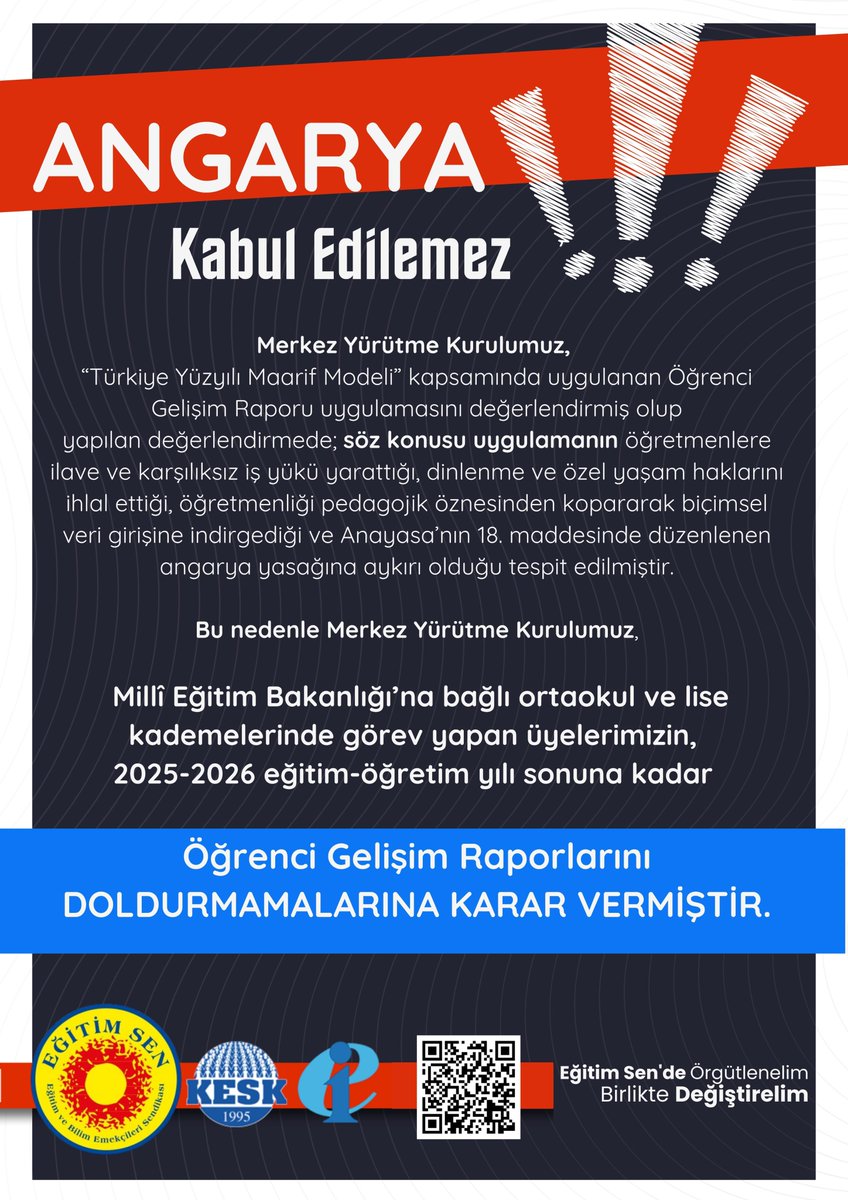 egitimsen's tweet image. 🔴Angarya kabul edilemez!
"Türkiye Yüzyılı Maarif Modeli" kapsamında uygulanan öğrenci gelişim raporu uygulamasını değerlendiren Eğitim Sen Merkez Yürütme Kurulu, MEB'e bağlı ortaokul ve lise kademelerinde görev yapan üyelerimizin, 2025-2026 eğitim öğretim yılı sonuna kadar…