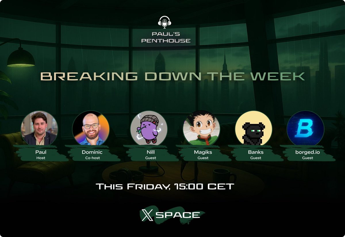 Tomorrow at 15:00 CET, me and my co host <a href="/itsVLVT/">Dom 👀</a> are officially back with the second Breaking Down The Week session of the year!

Joining us will be <a href="/BigNillCollect/">Nill</a>, <a href="/Magiks/">Magiks</a>, <a href="/bankster/">Banks</a> and <a href="/borged_io/">borged.io</a>.

Together, we’ll break down everything that mattered in the crypto markets