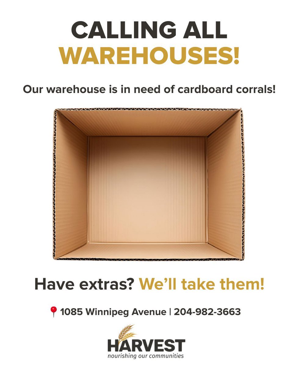 Calling on our community! 📦

We’re in need of cardboard corrals at our warehouse and are hoping to give yours a second life. If you have extras you don’t need, we’d love to put them to use.

Please feel free to drop them off at 1085 Winnipeg Avenue whenever you can. Thanks from