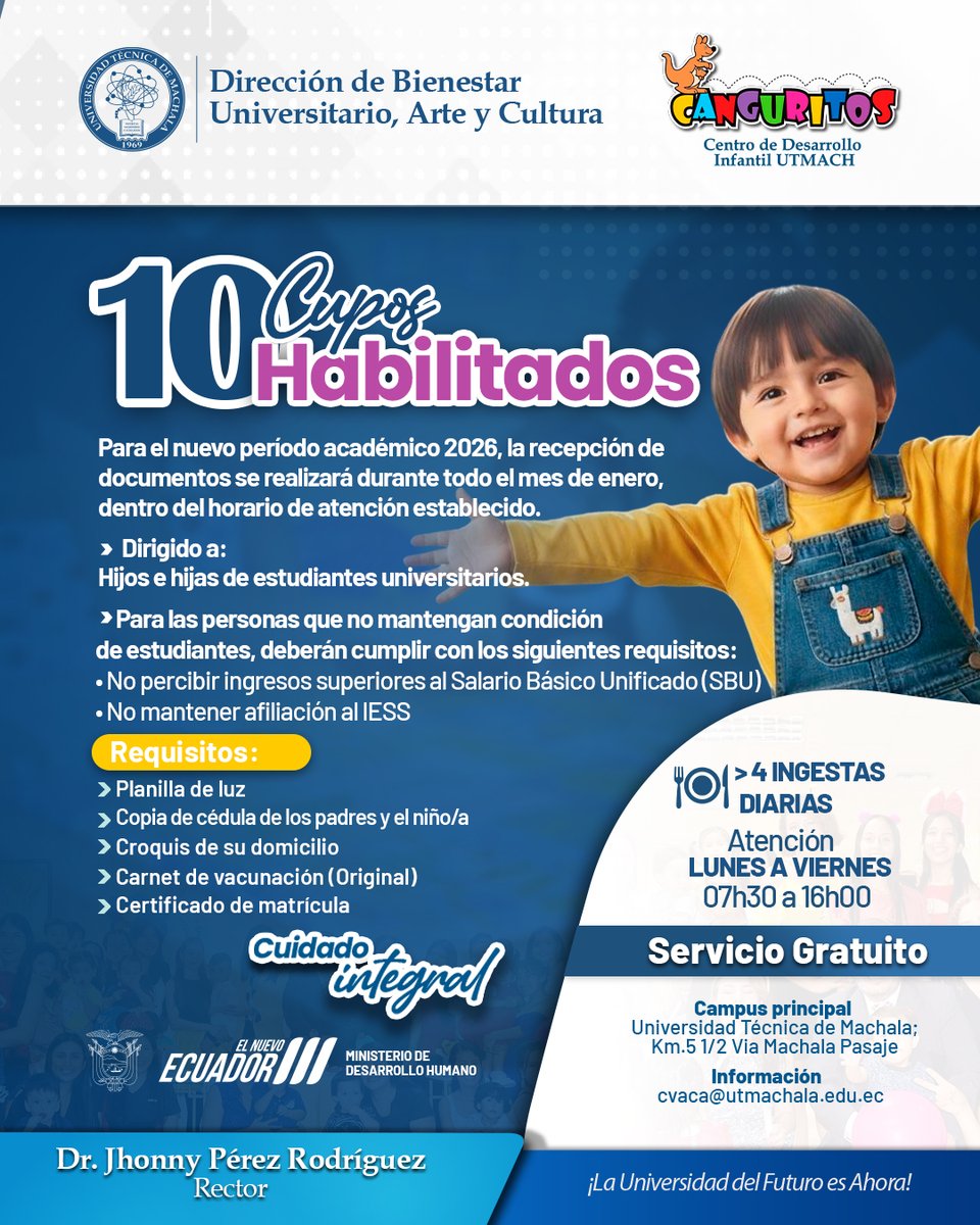 La UTMACH, mediante Bienestar Universitario y en el marco del convenio con el MDU, habilita 10 cupos para el CDI Canguritos (período académico 2026).
📅 Recepción de documentos: enero.